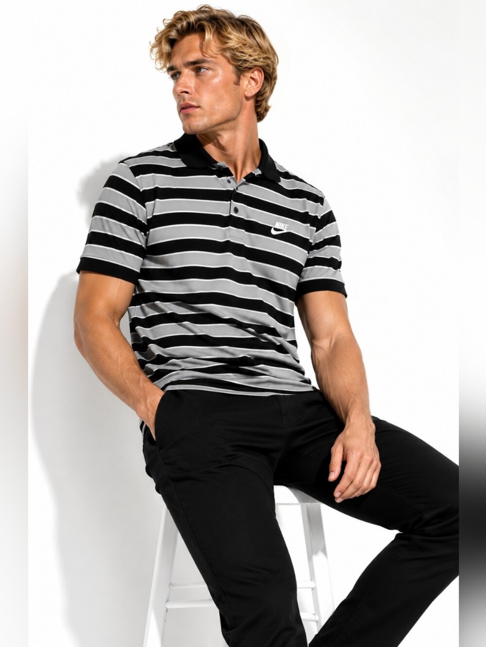 Nike Striped Polo Shirt Black Gray White XL Embroidered Logo Classic Fit